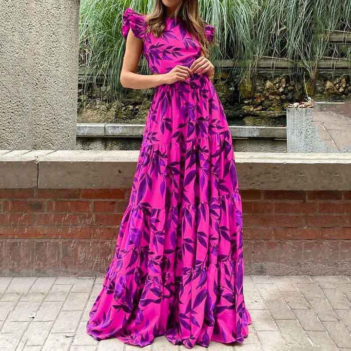 Purple Printed Tiered Flared Maxi Dress