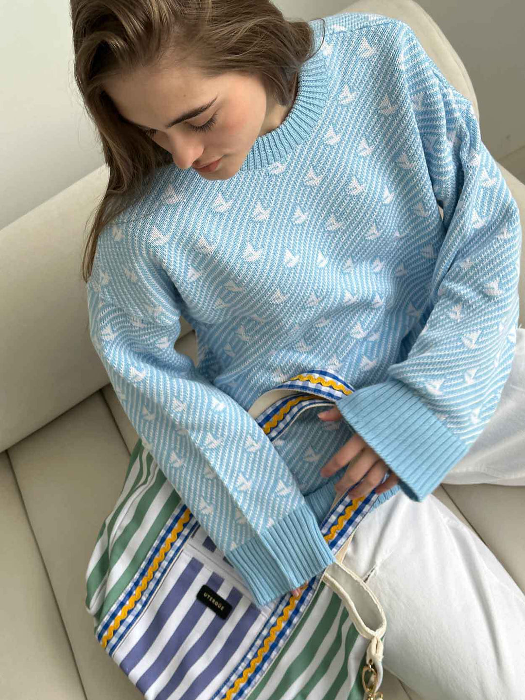 Light Blue Printed Relaxed Sweater