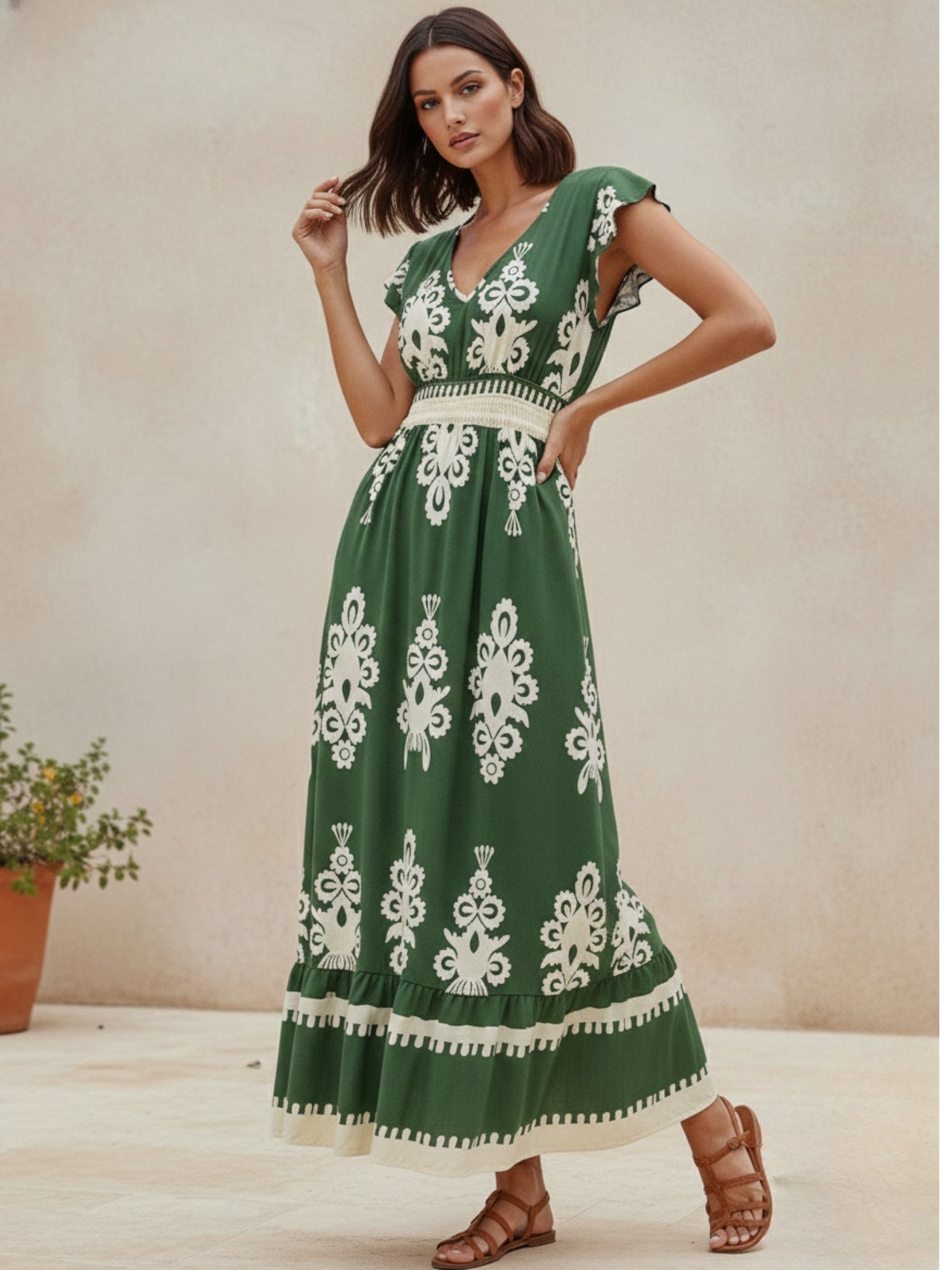 Green Short Sleeve V Neck Printed Flared Dress