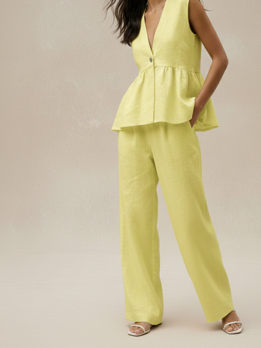 Yellow Sleeveless V Neck Top And Pant Set