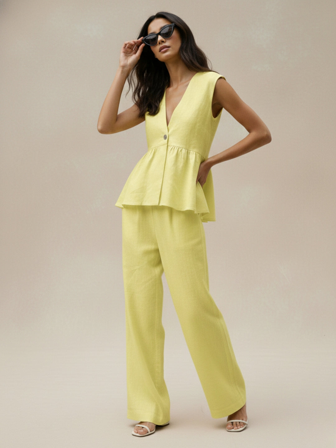 Yellow Sleeveless V Neck Top And Pant Set