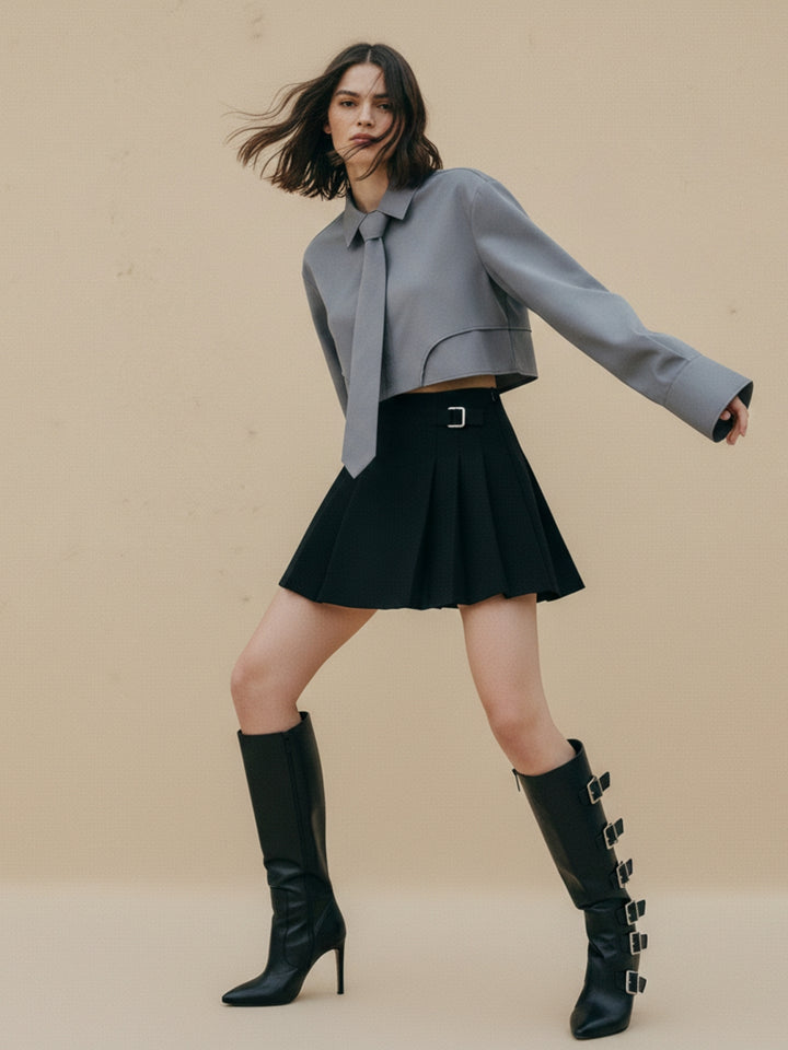 Grey Full Sleeve Crop Length Shirt With Tie