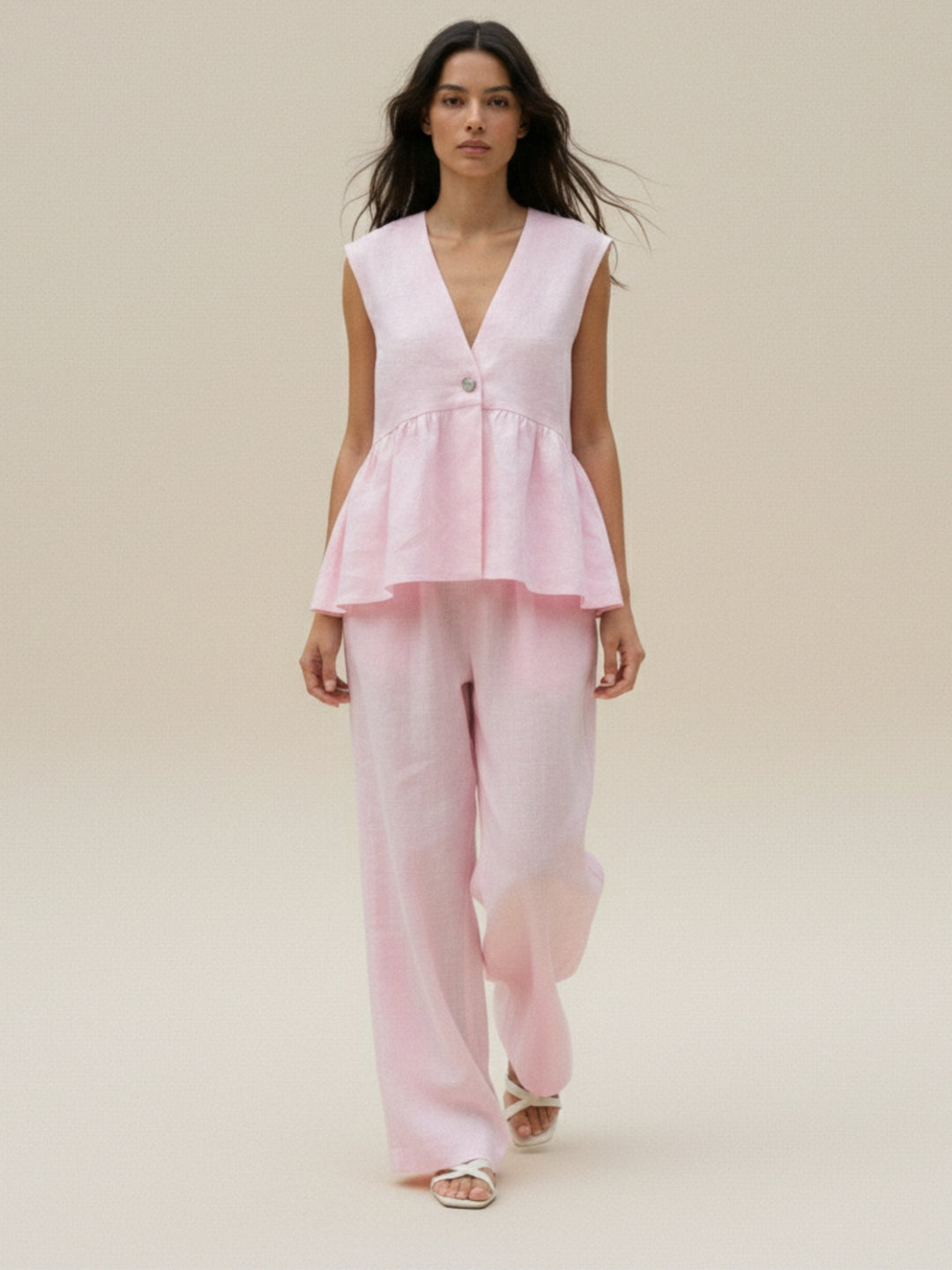 Pink Sleeveless V Neck Top And Pant Set