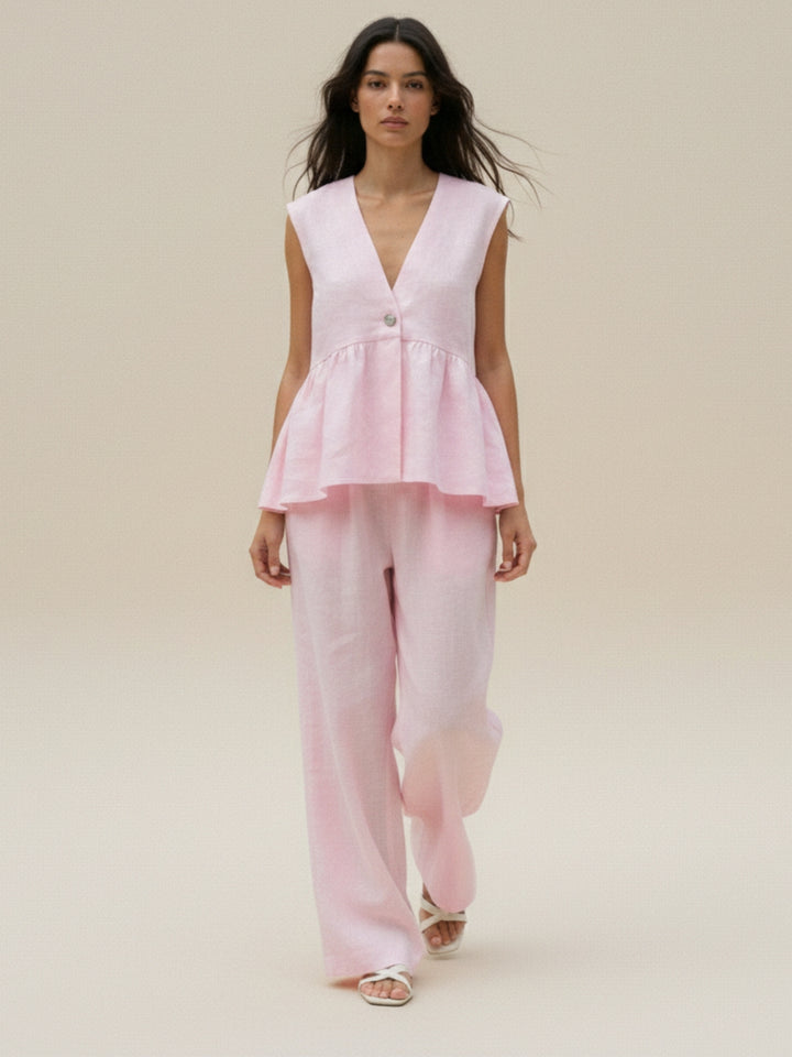 Pink Sleeveless V Neck Top And Pant Set