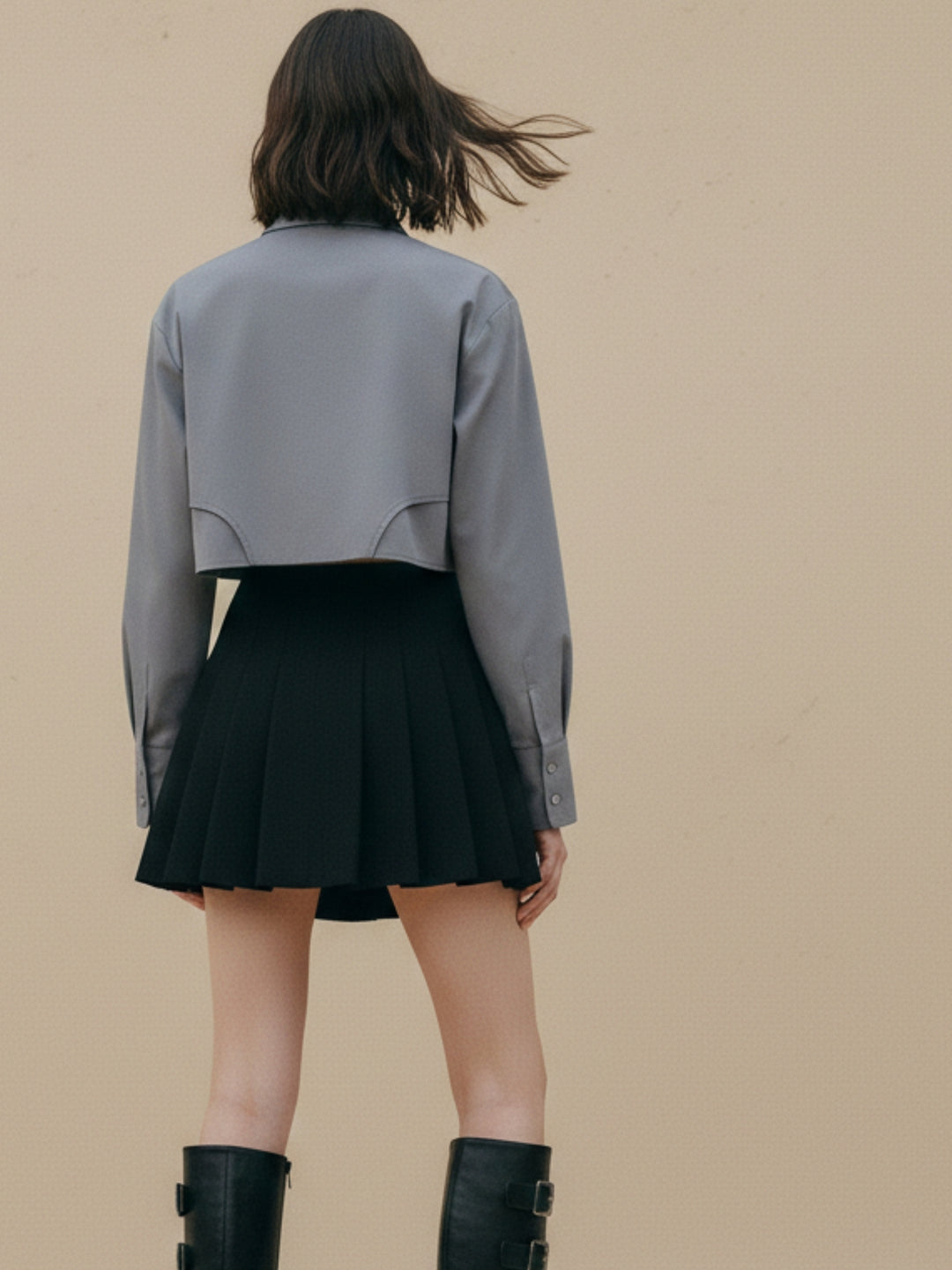 Grey Full Sleeve Crop Length Shirt With Tie