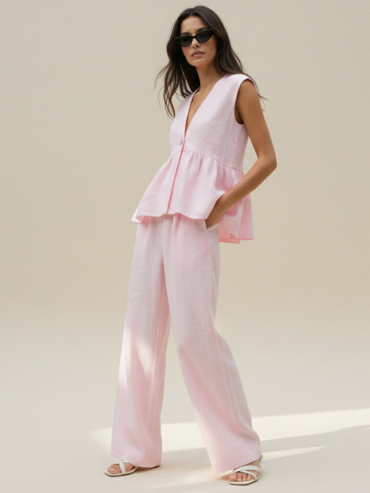 Pink Sleeveless V Neck Top And Pant Set