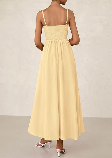 Yellow Strappy Square Neck Cinched Waist Dress With Pockets