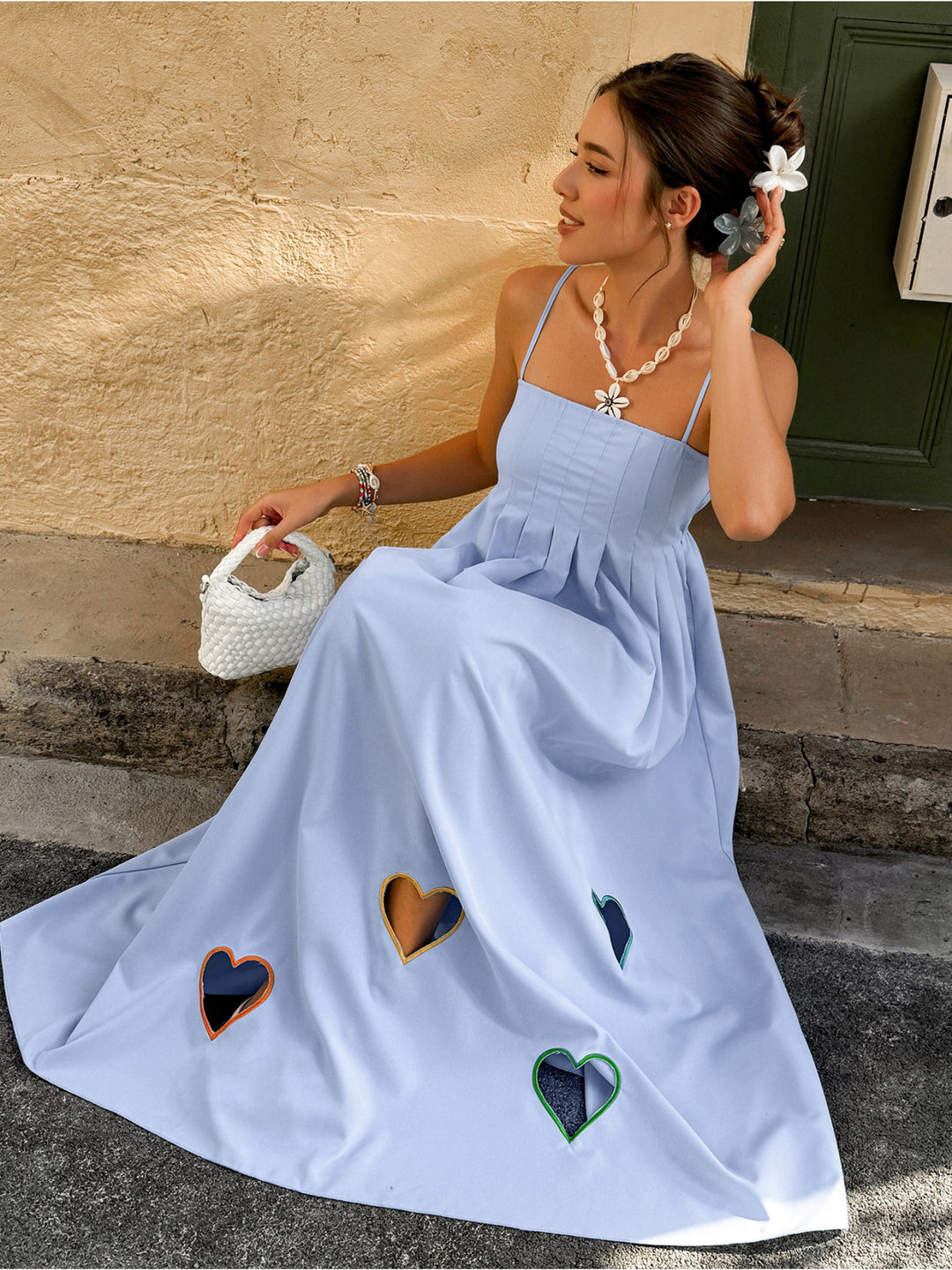 Blue Off Shoulder Heart Printed Smocking Dress