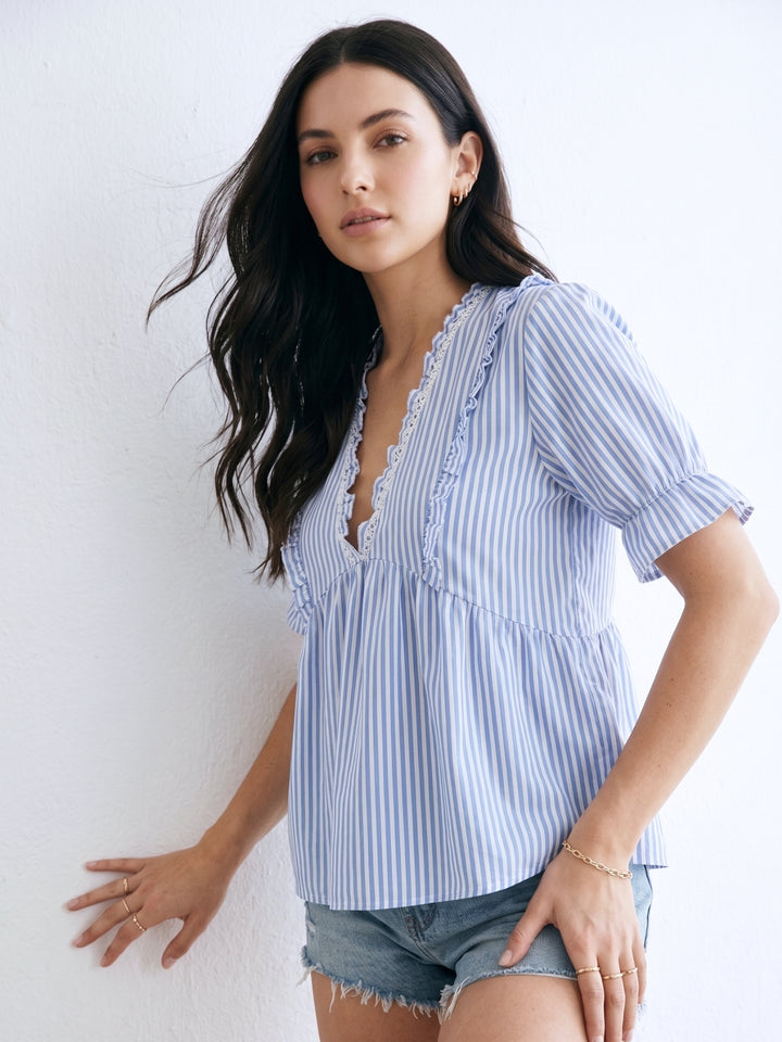 Light Blue Ruffle Sleeve V Neck Top