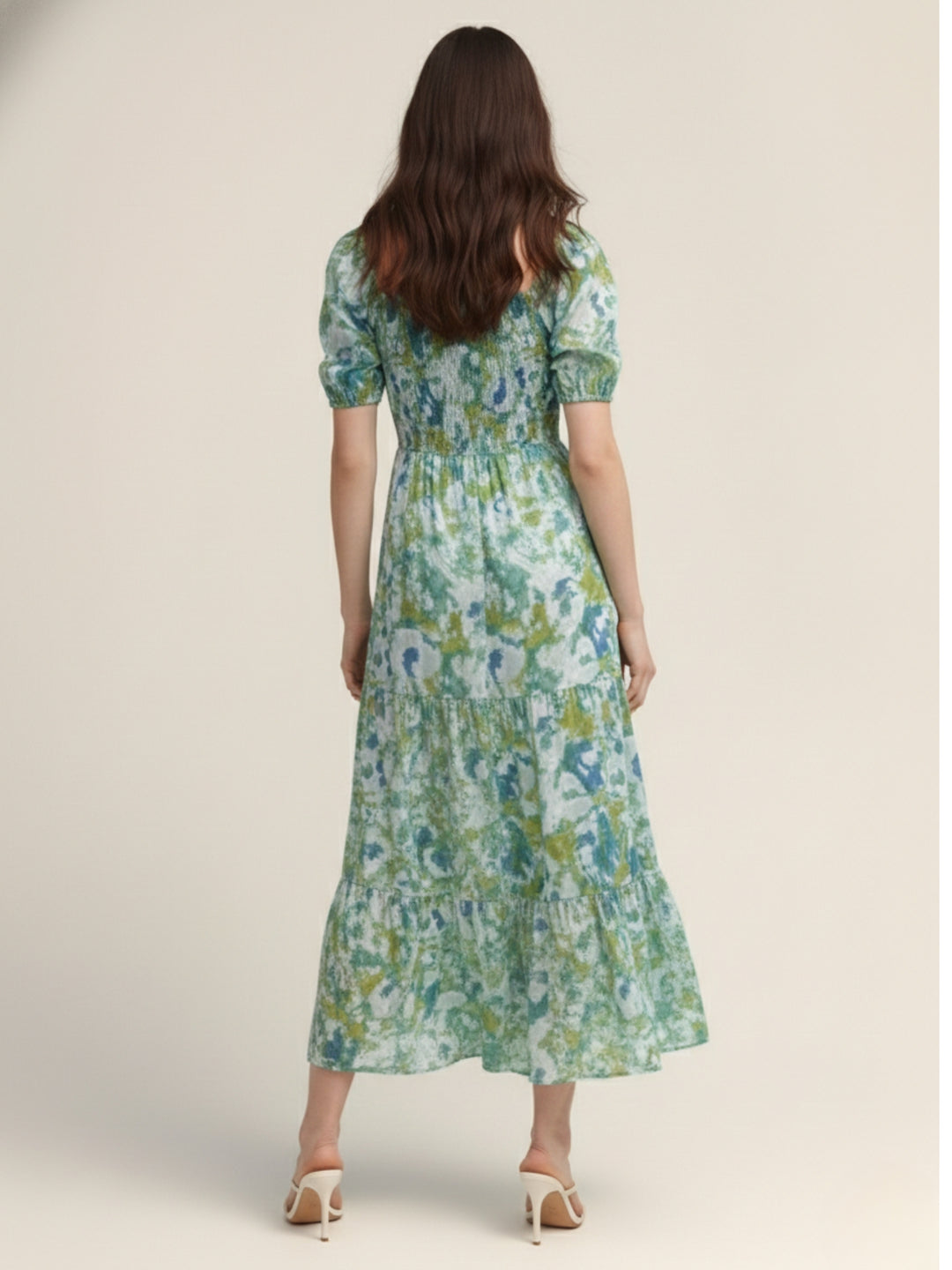 Green Square Neck Puff Sleeves Tiered