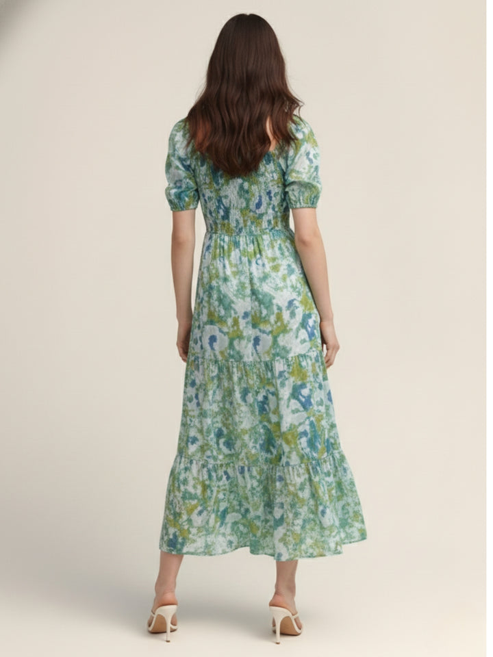 Green Square Neck Puff Sleeves Tiered