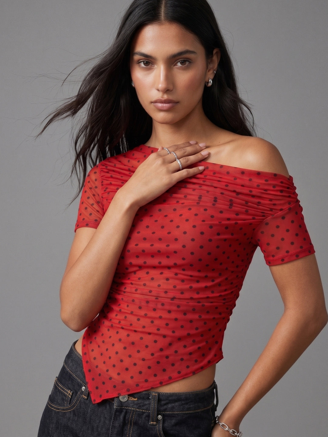 Red Asymmetrical Polka Dot Top