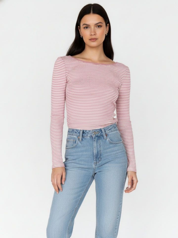 Pink Boat Neck Fitted Striped Top