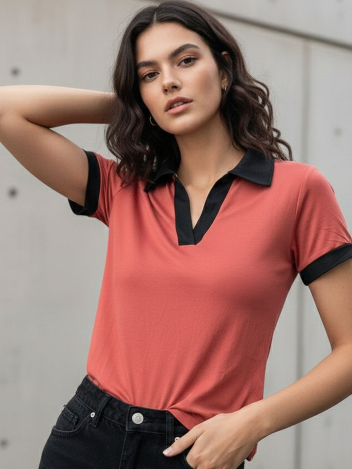 Rust Contrast Binding Knit Top