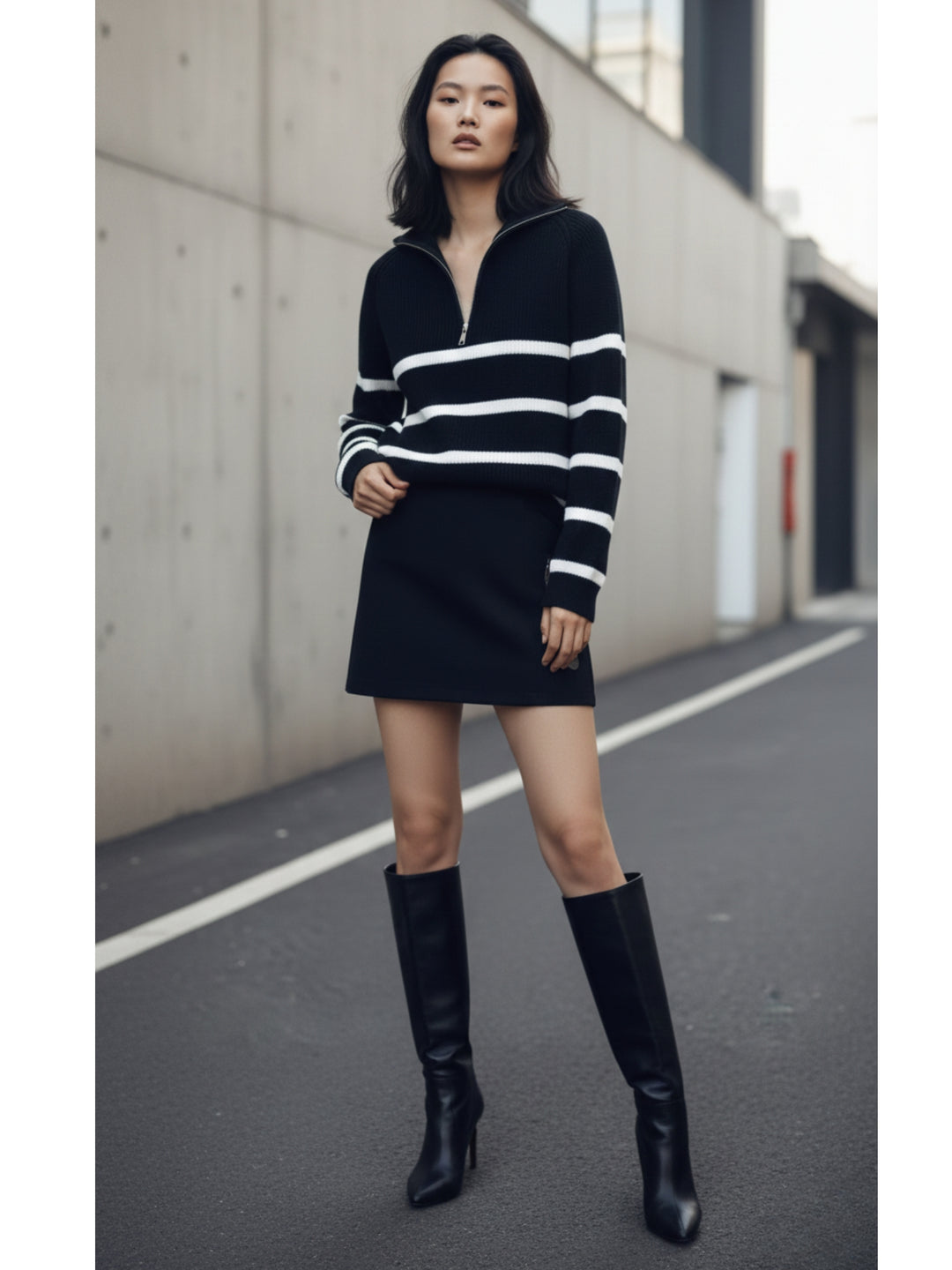 Black Full Sleeve Striped Half Zip Sweater