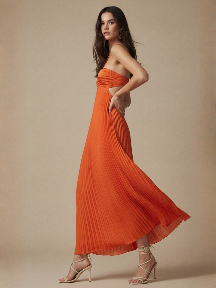 Orange Cross Halter Neck Pleated Dress