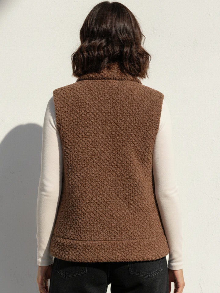 Brown Sleeveless Zip Front Textured Jacket