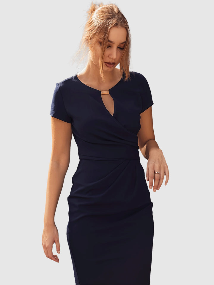 Key Hole Neckline Fitted Navy Blue Dress