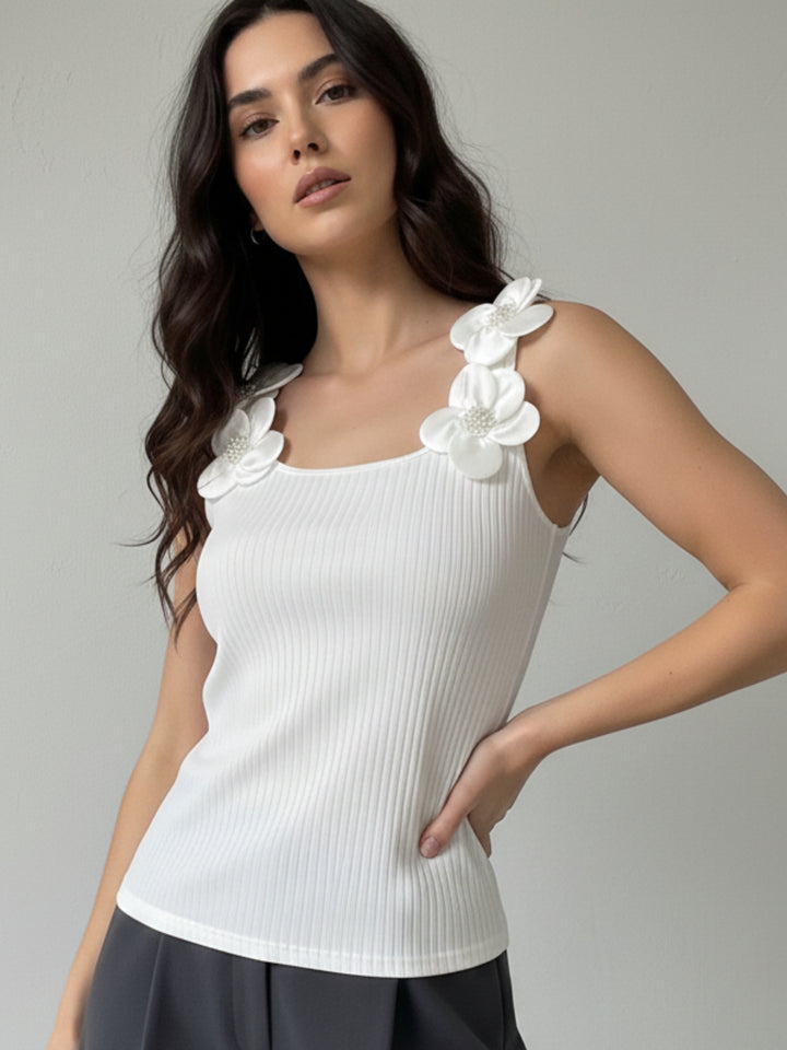 White Floral Embellished Sleeve Fitted Top