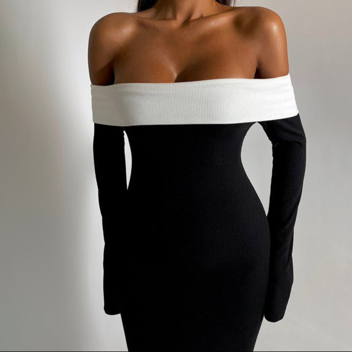 Black Contrast Off Shoulder Full Sleeves Maxi Dress