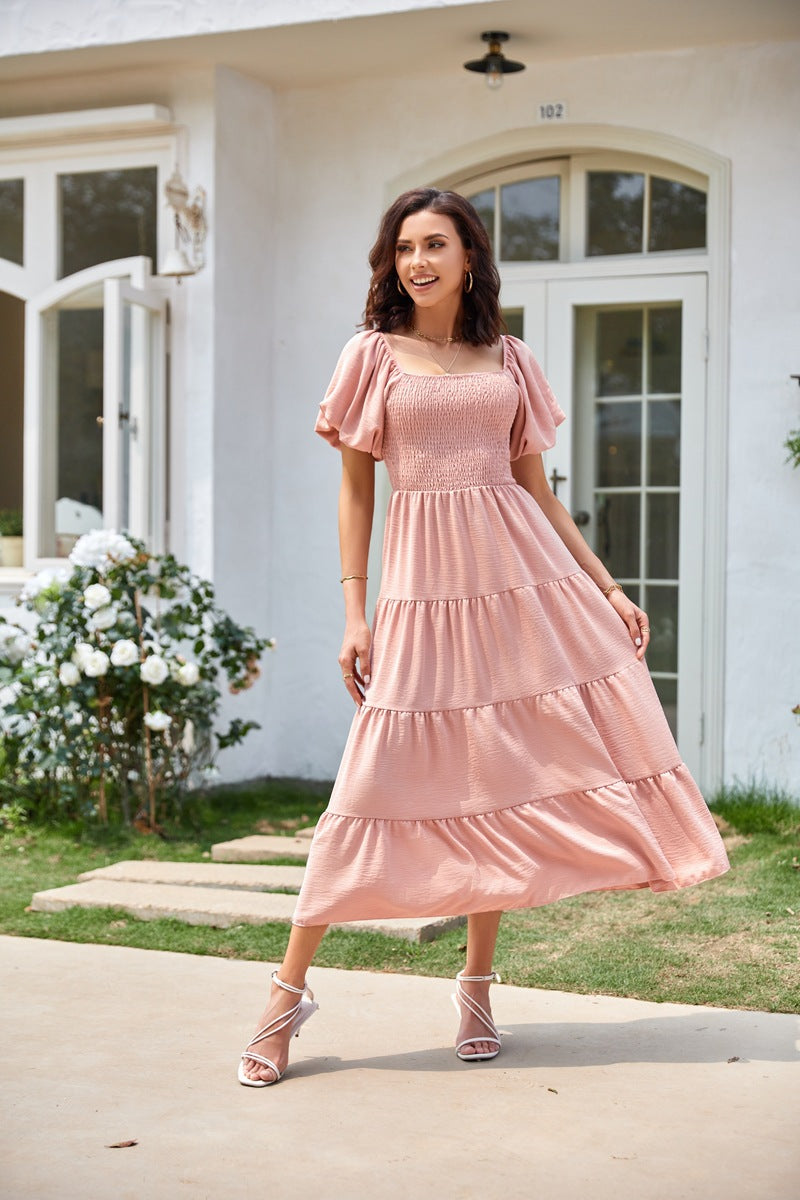 Pink Square Neck Puff Sleeved Tiered Dress