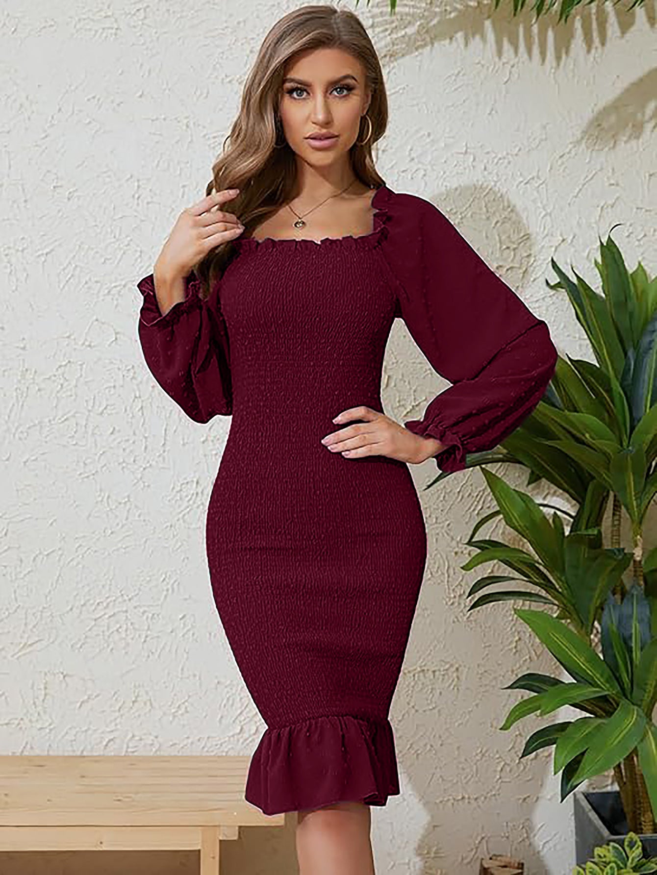 Maroon Fish Tail Solid Dress