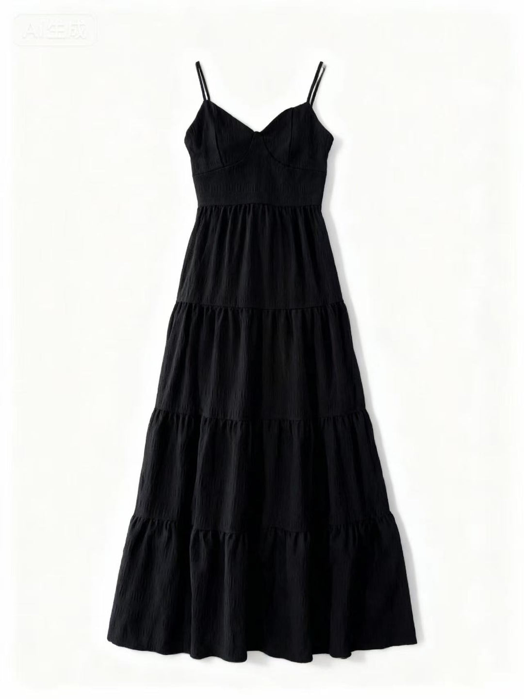 Black Shoulder Strap Back Bow Tiered Dress