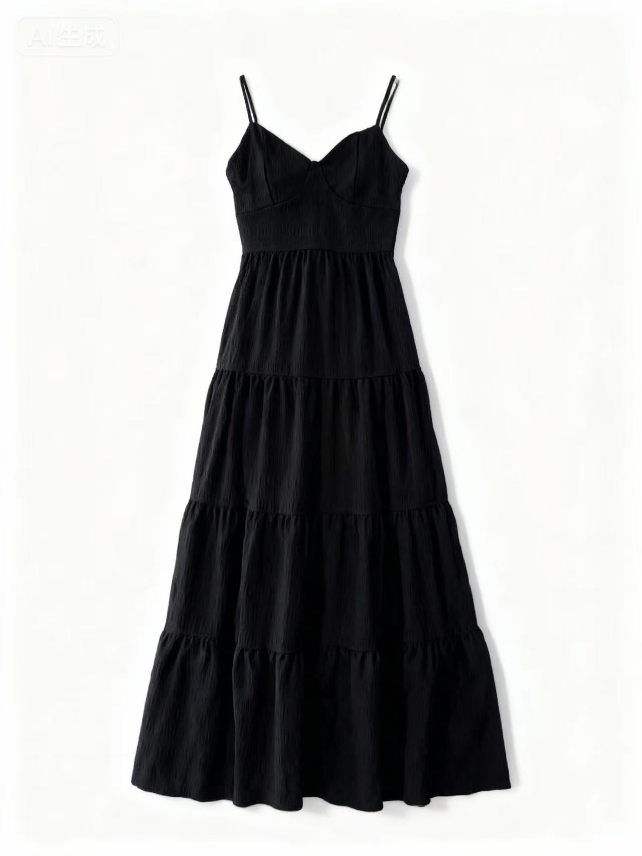 Black Shoulder Strap Back Bow Tiered Dress