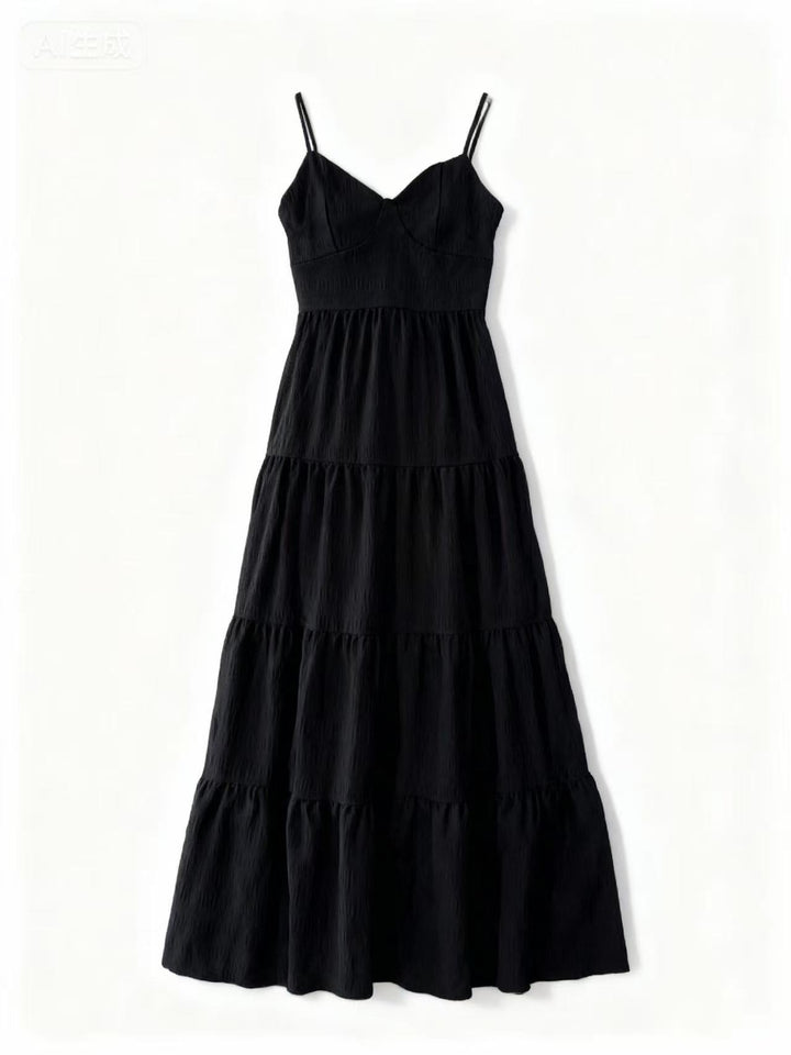 Black Shoulder Strap Back Bow Tiered Dress