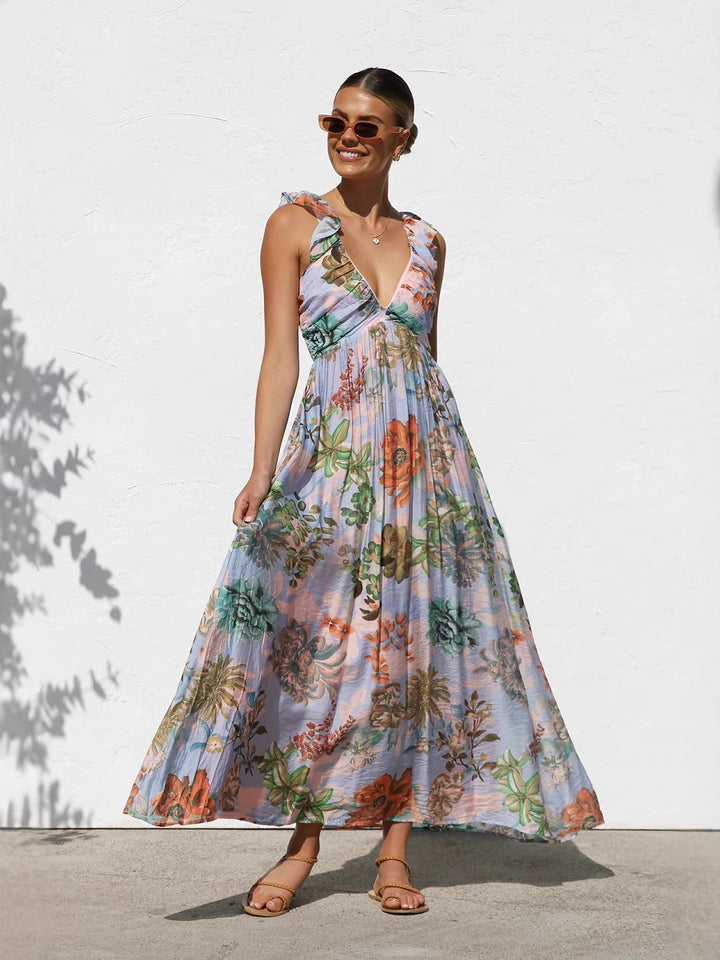 Blue Printed Sleeveless Plunging V-Neck Dress