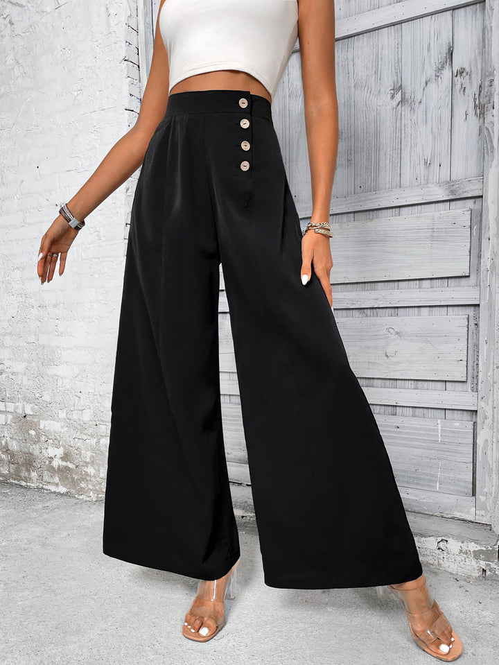 Black Wide Leg Trouser With Button Detailing At Waist