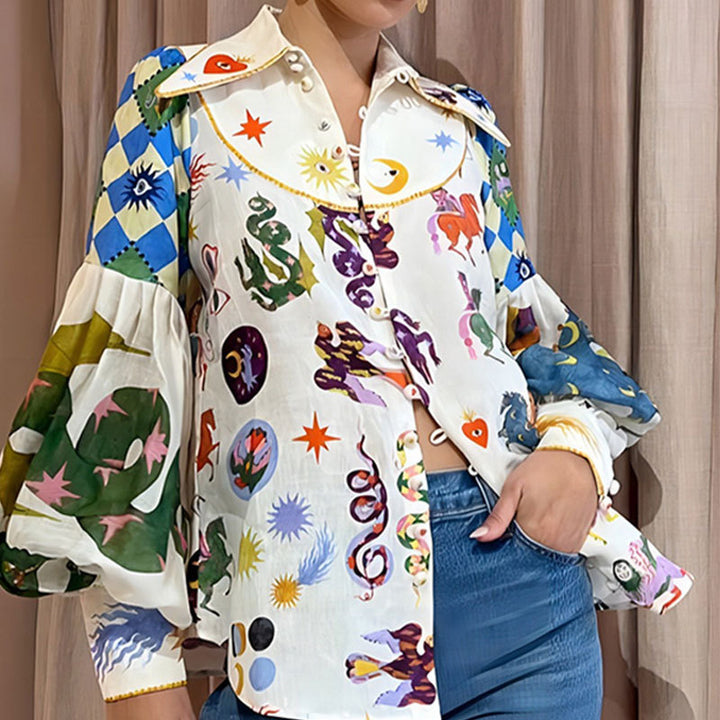 White Abstract Print Oversized Shirt