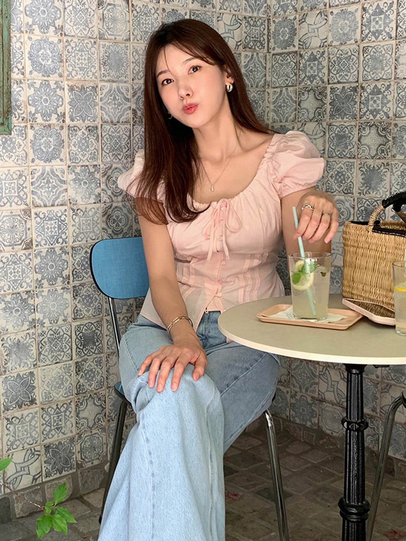 Pink Puff Sleeve Front Tie Up Top