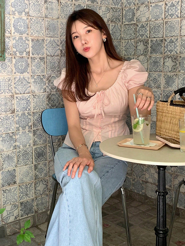 Pink Puff Sleeve Front Tie Up Top