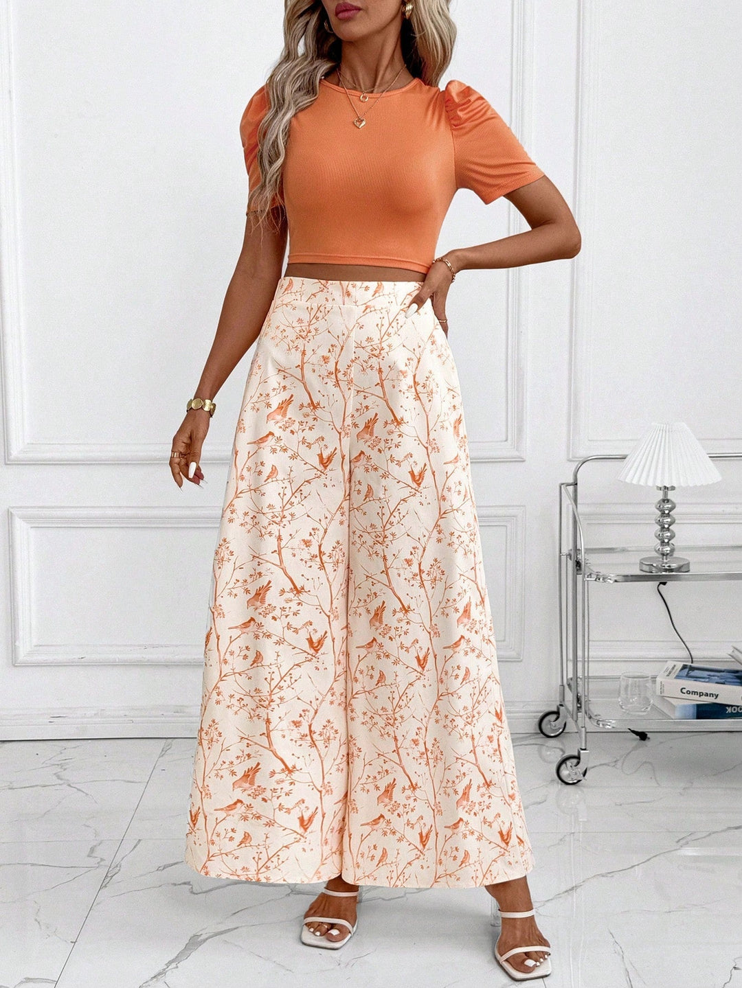 Orange Short Sleeve Fitted Top & Pant Set