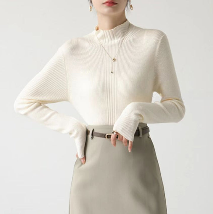 Cream Full Sleeve Mock Neck Fitted Sweater