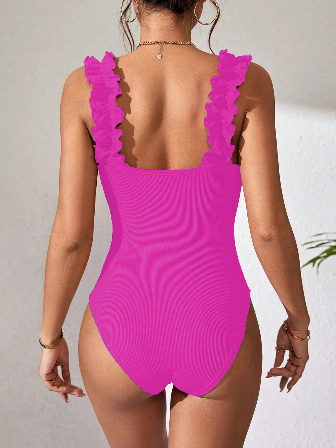 Magenta Square Neck Ruffle Bodysuit