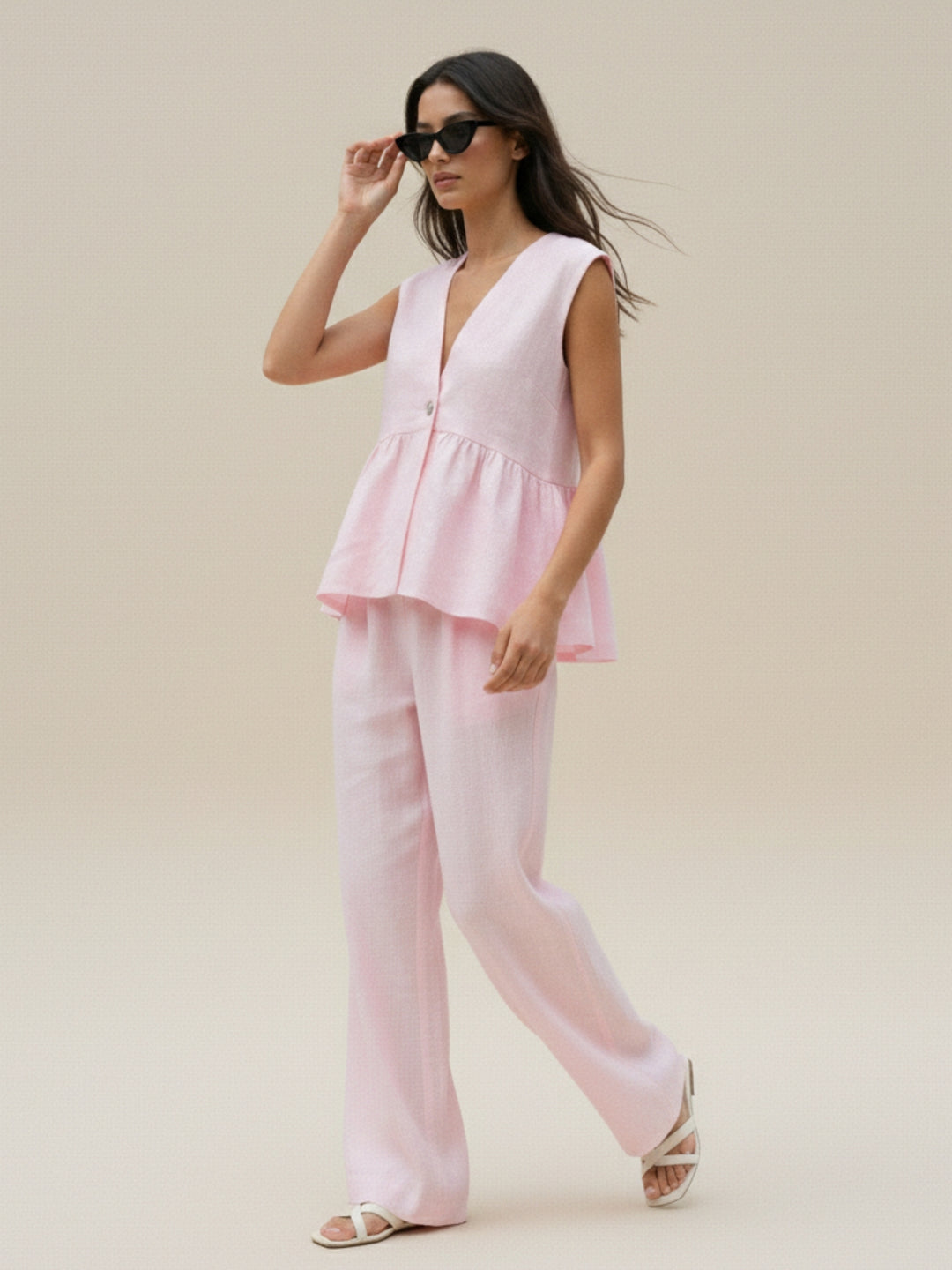 Pink Sleeveless V Neck Top And Pant Set