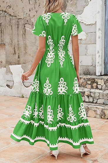 Green Wrap Neck Contrast Coloured Printed Dress