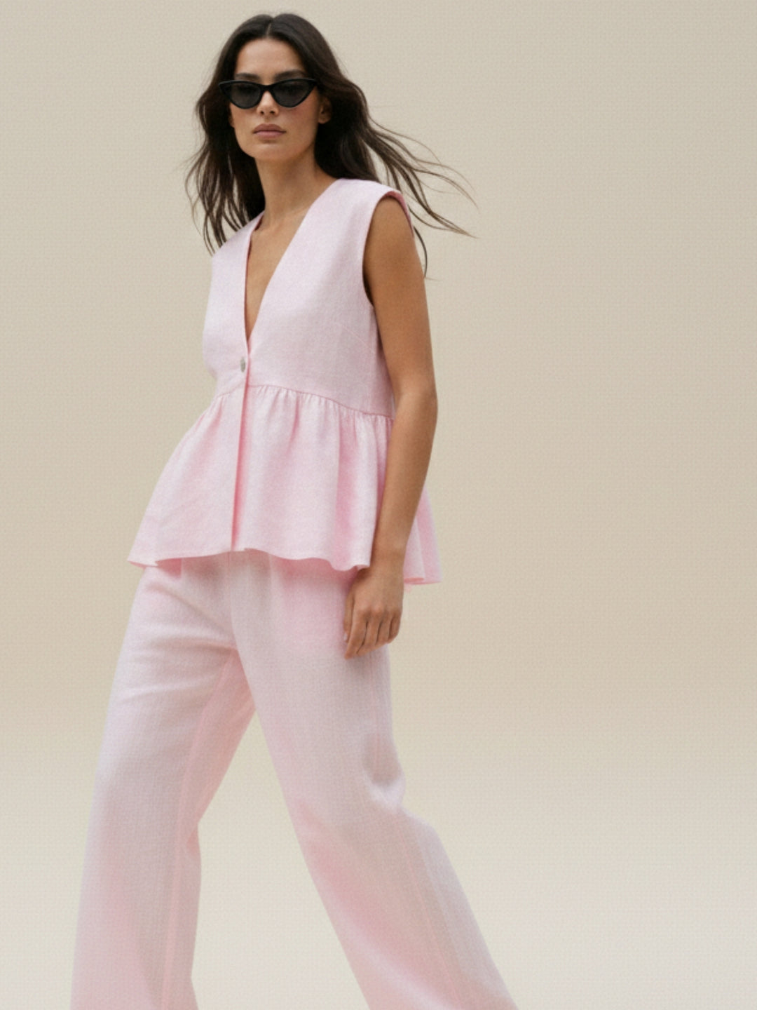 Pink Sleeveless V Neck Top And Pant Set