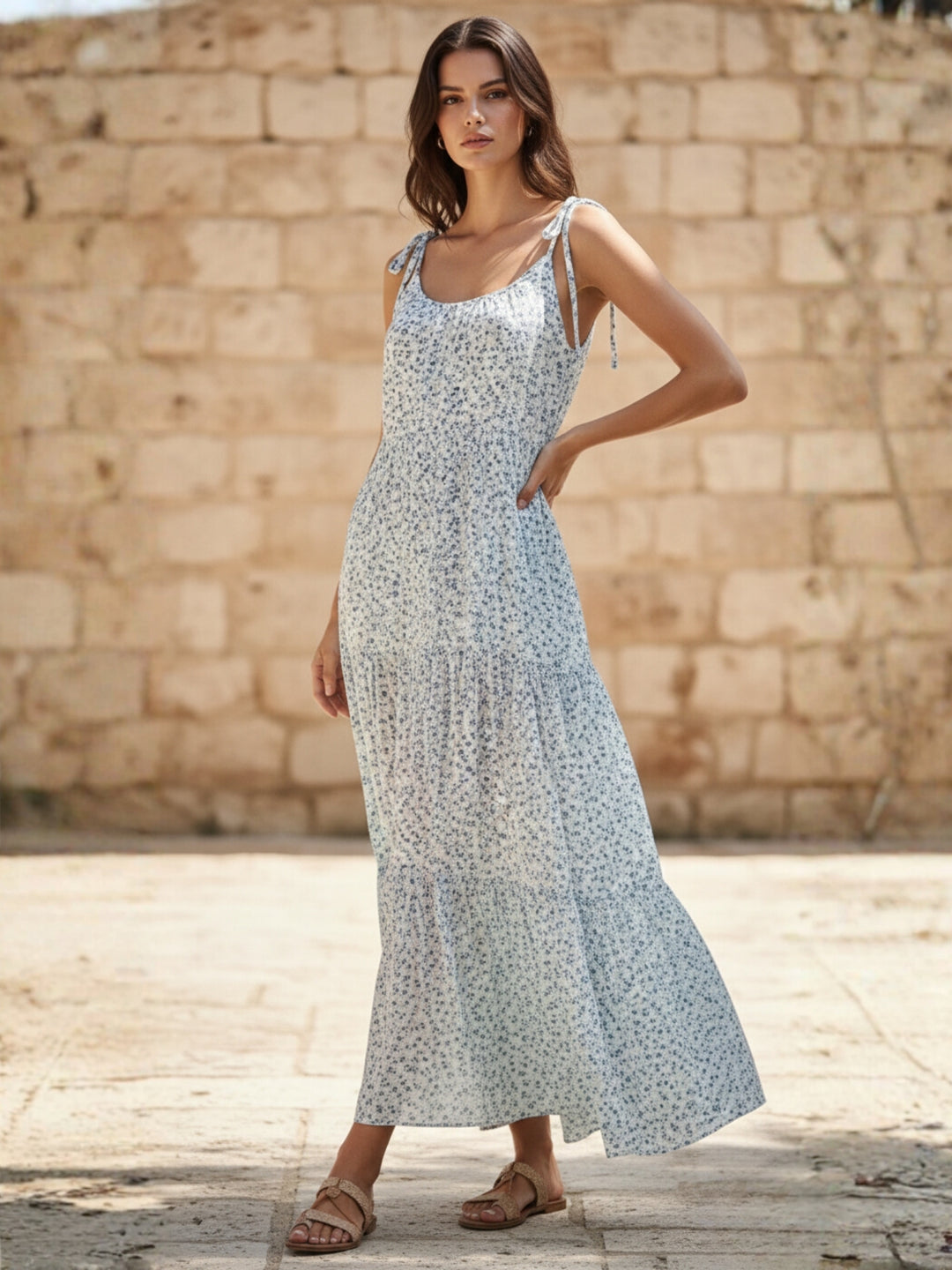 White Shoulder Tie-Up Flare Dress