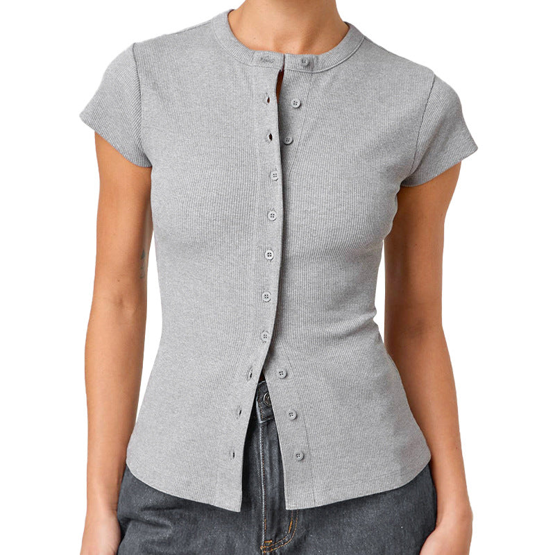 Grey Ribbed Shirt Style Top