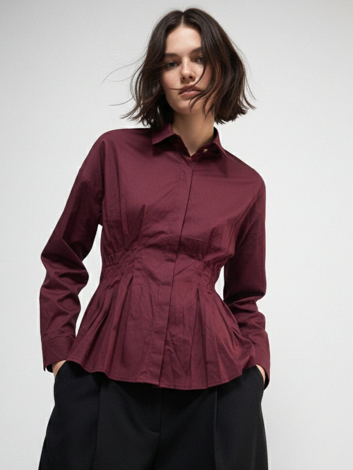 Burgundy Front Pleated Waist Fitted Shirt