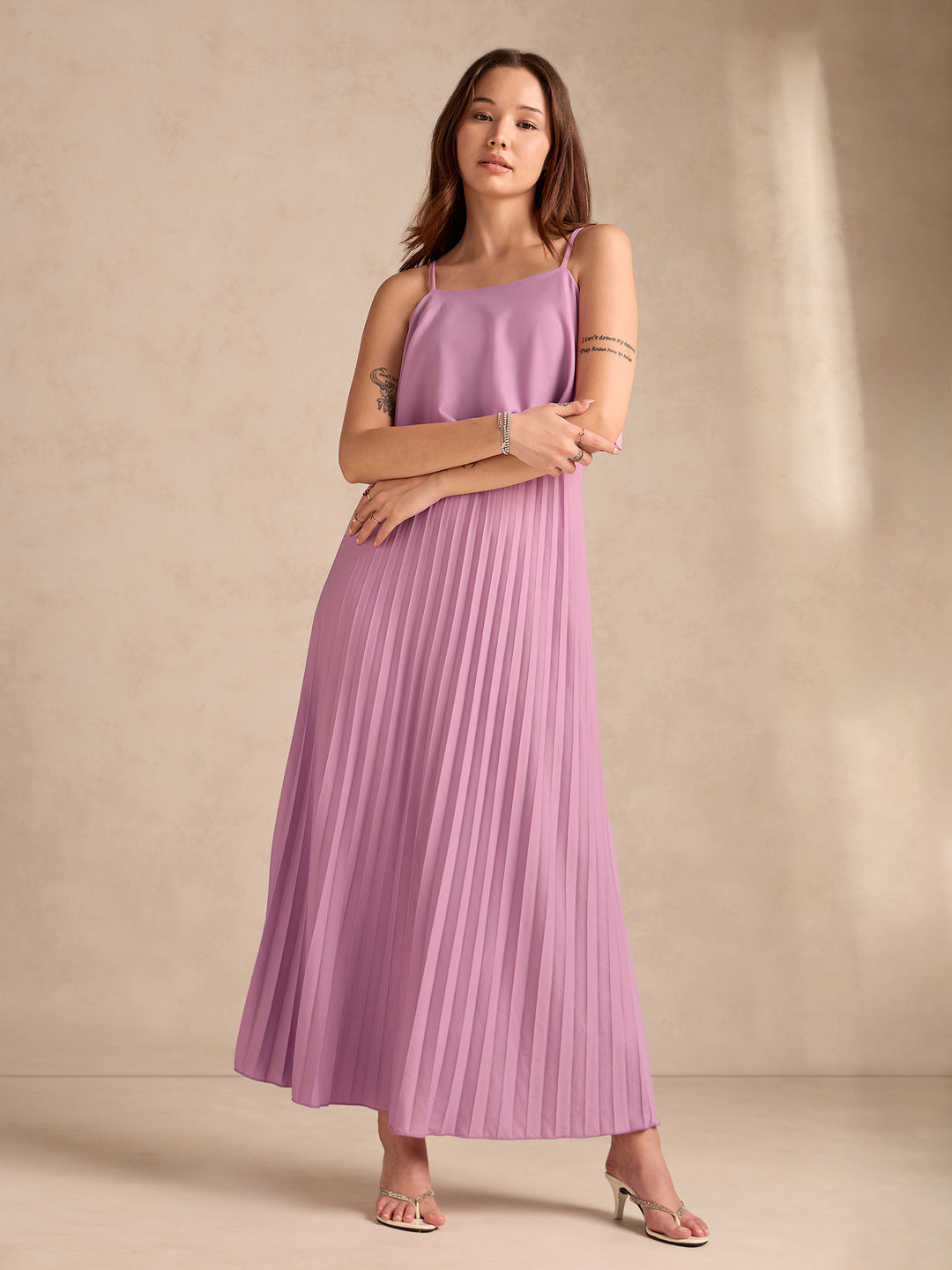 Pink Strappy Pleated Maxi Dress