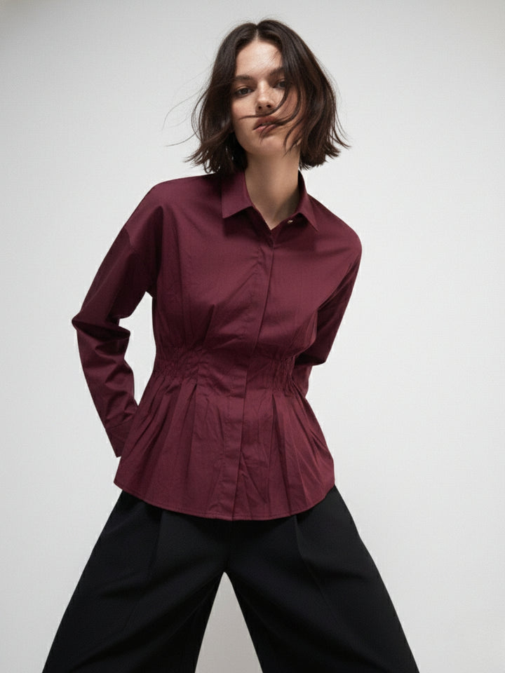 Burgundy Front Pleated Waist Fitted Shirt