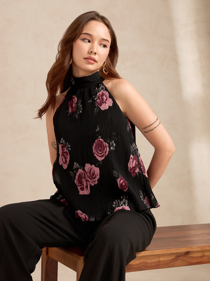 Black Halter Neck Plisse Flared Printed Top