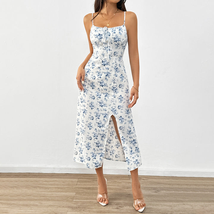 Blue Printed Spaghetti Strap Slit Dress