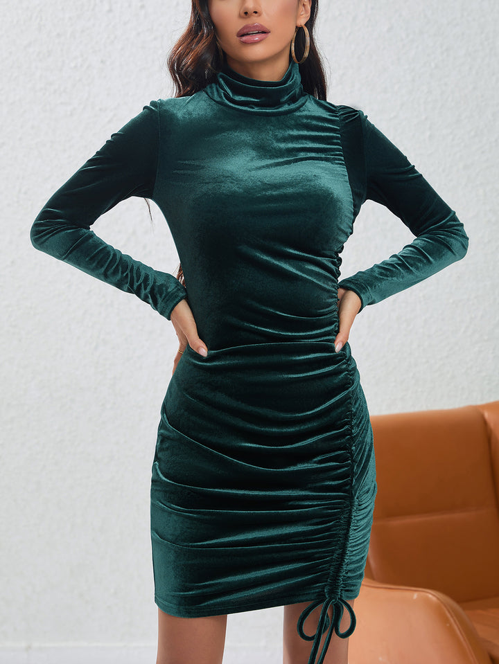 Green High Neck Velour Ruched Tie Up Dress