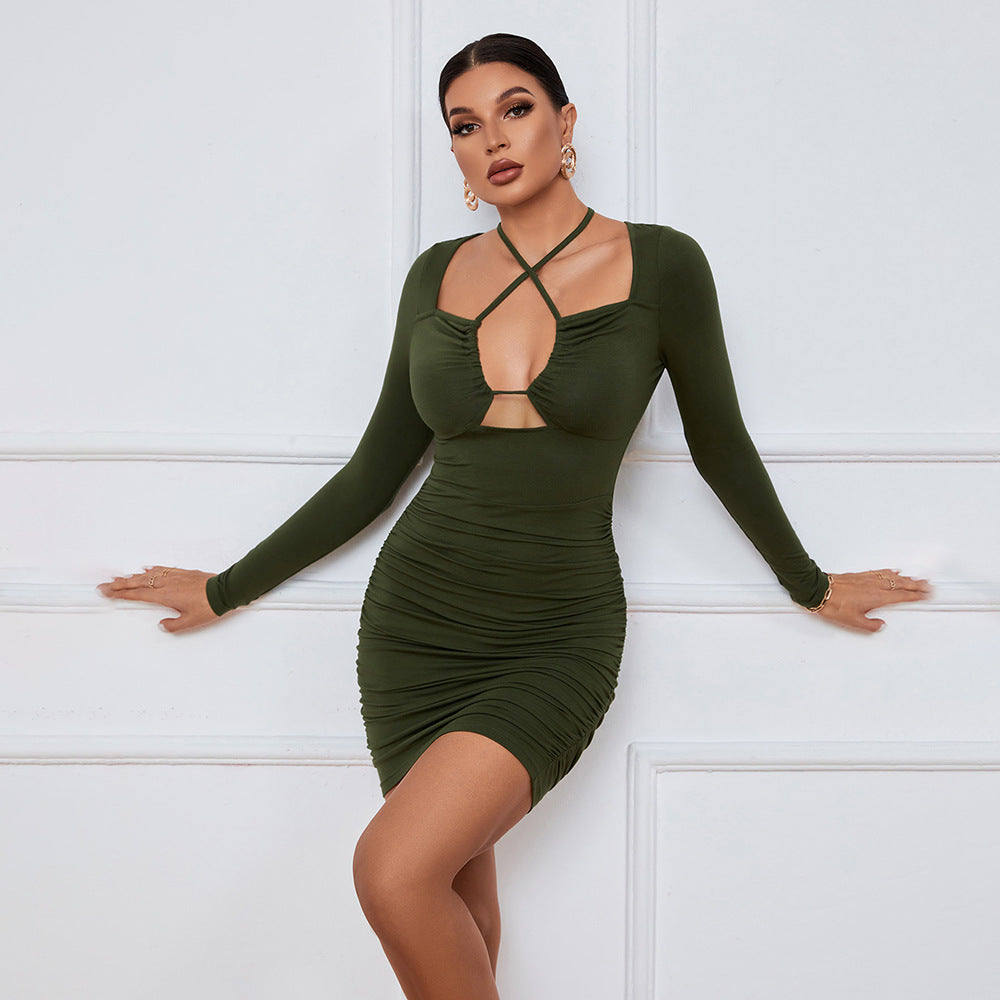 Green Full Sleeve Halter Neck Dress