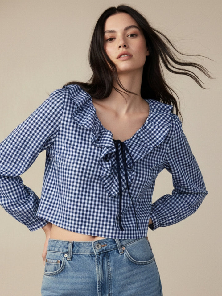 Blue Ruffle Neckline Checkered Top